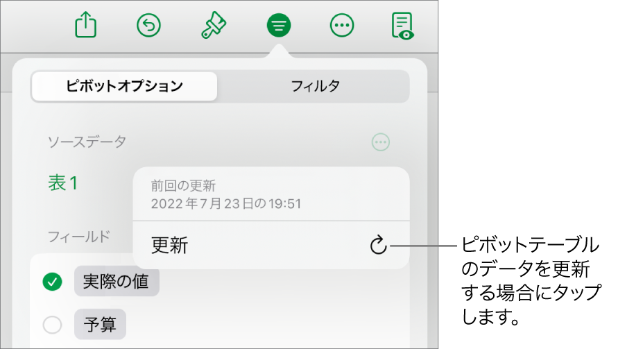 「ピボットオプション」メニュー。ピボットテーブルを更新するためのオプションが表示されています。