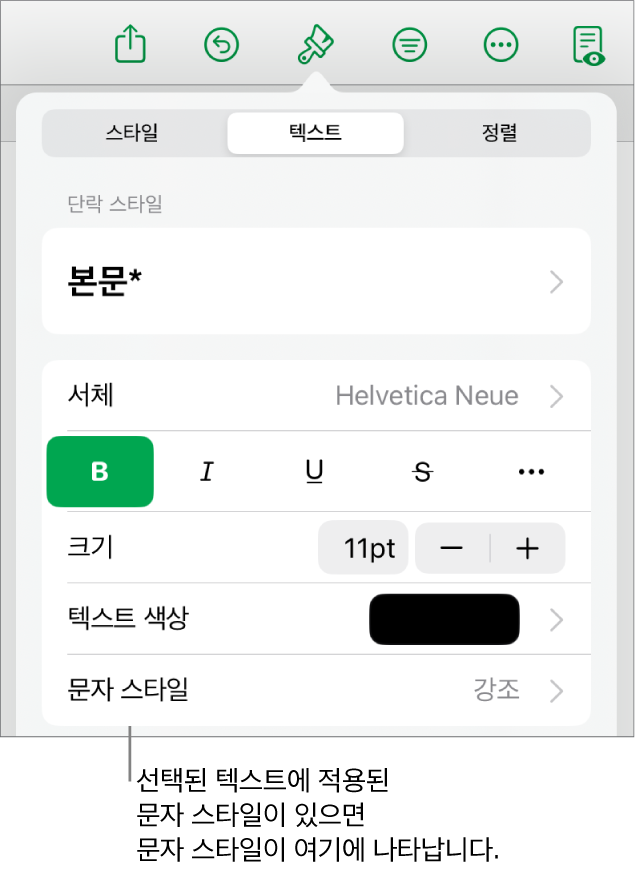 색상 제어기 아래 문자 스타일이 있는 텍스트 포맷 제어기. 문자 스타일 없음이 별표와 함께 표시됨.