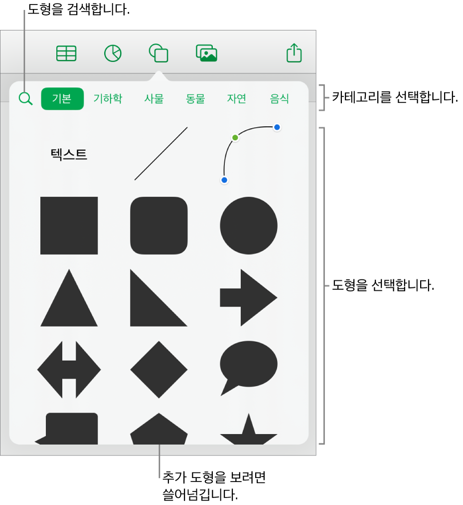 상단에 카테고리가 있고 그 아래에 도형들이 표시된 도형 라이브러리. 상단 검색 필드를 사용하여 도형을 찾고 쓸어넘겨 더 많은 도형을 볼 수 있습니다.