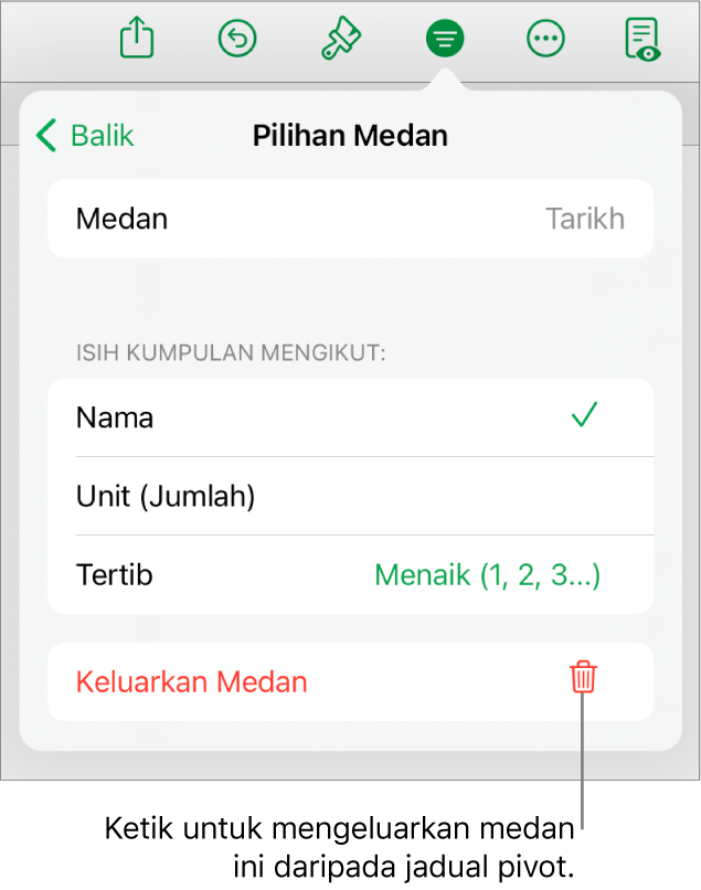 Menu Pilihan Medan, menunjukkan kawalan untuk mengumpulkan dan mengisih data, juga pilihan untuk mengeluarkan medan.