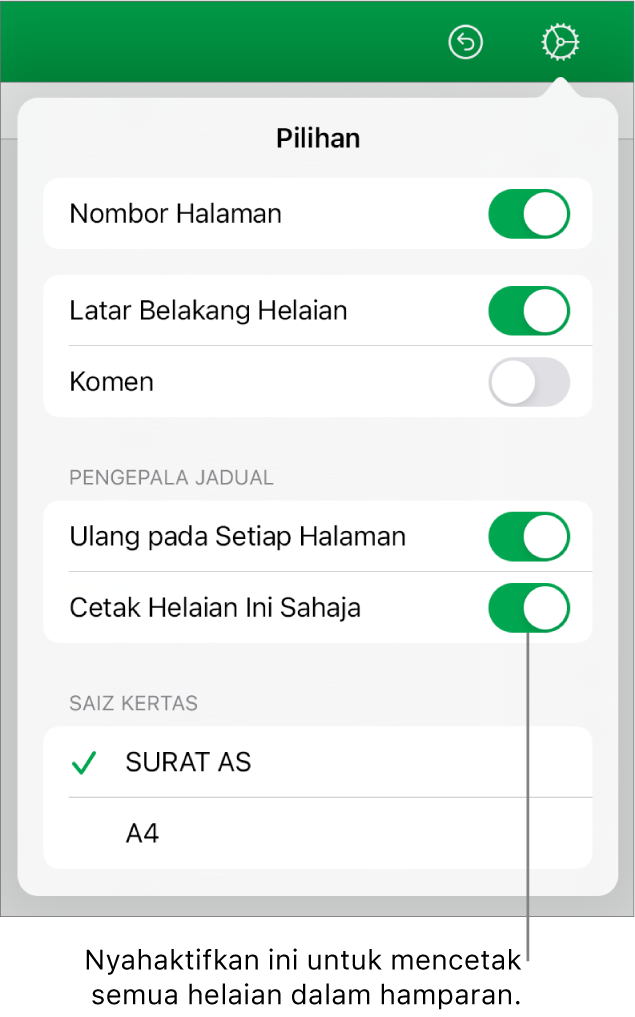 Anak tetingkap pratonton cetak, dengan kawalan untuk menunjukkan nombor halaman, pengepala berulang pada setiap halaman, menukar saiz kertas dan memilih untuk mencetak keseluruhan halaman atau hanya helaian semasa.