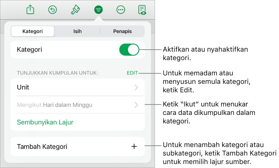 Menu Kategori untuk iPad dengan pilihan untuk menyahaktifkan kategori, memadam kategori, mengumpul semula data, menyembunyikan lajur sumber dan menambah kategori.