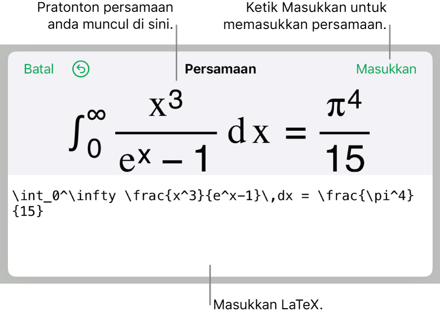 Dialog Persamaan, menunjukkan persamaan yang ditulis menggunakan perintah LaTex manakala pratonton formulanya di atas.