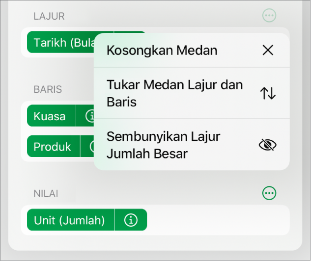 Menu Lagi Pilihan Medan, menunjukkan kawalan untuk menyembunyikan jumlah besar, menukar medan lajur dan baris, serta mengosongkan medan.