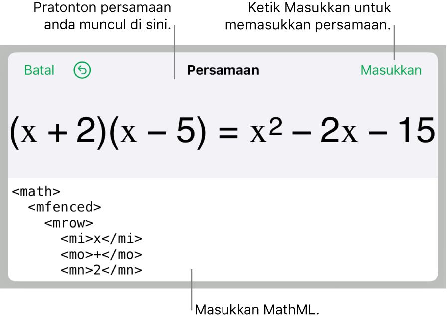 Dialog Persamaan, menunjukkan persamaan yang ditulis menggunakan perintah MathML manakala pratonton formulanya di atas.