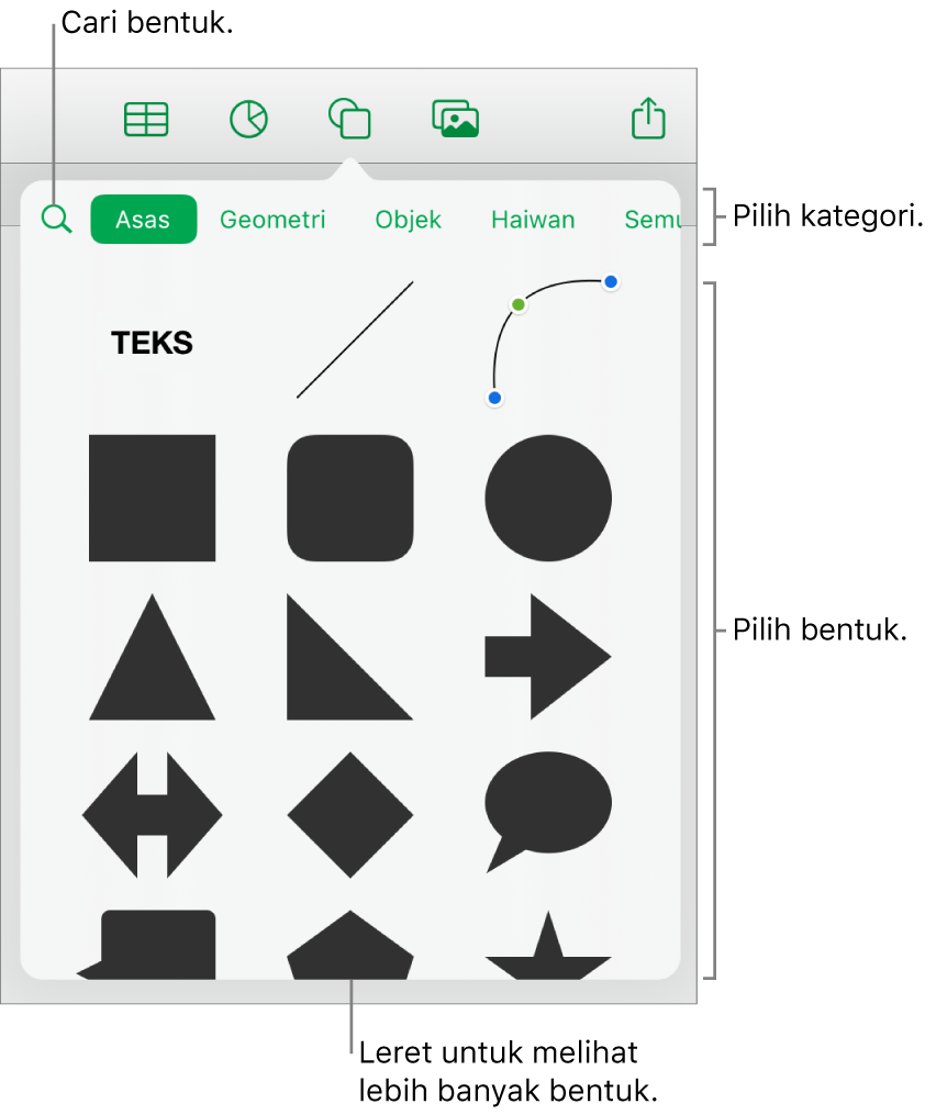 Pustaka bentuk, dengan kategori di bahagian atas dan bentuk dipaparkan di bawah. Anda boleh menggunakan medan carian di bahagian atas untuk mencari bentuk dan leret untuk melihat lebih banyak.