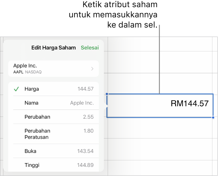 Menu timbul harga saham, dengan nama saham di atas dan atribut saham boleh dipilih termasuk buka harga, nama, pertukaran, pertukaran peratus, bukaan dan tinggi disenaraikan di bawah.