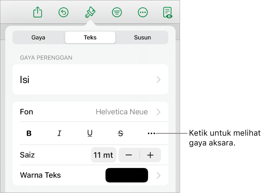 Kawalan Format dengan gaya perenggan di bahagian atas, kemudian kawalan Fon. Di bawah fon ialah butang Tebal, Italik, Garis Bawah, Garis Potong dan Lebih Banyak Pilihan Teks.