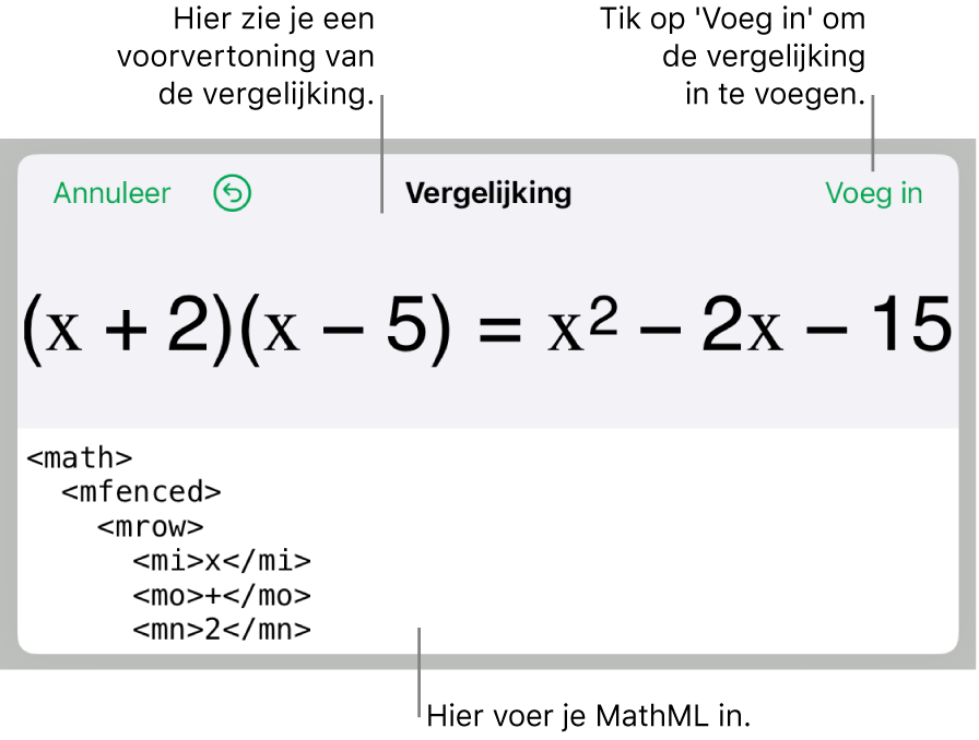Het venster 'Vergelijking' met daarin een vergelijking die geschreven is met MathML-commando's en erboven een voorvertoning van de formule.