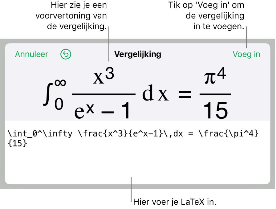 Het venster 'Vergelijking' met daarin een vergelijking die geschreven is met LaTeX-commando's en erboven een voorvertoning van de formule.