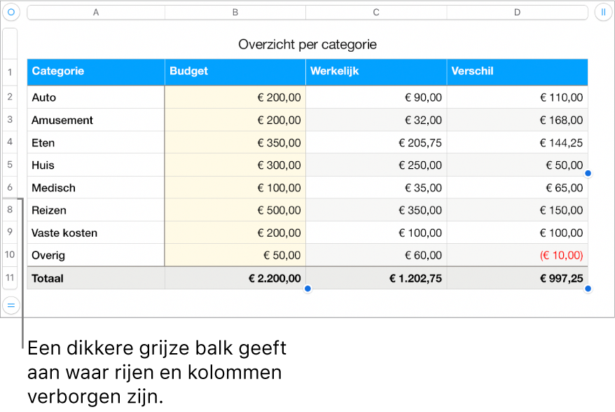 Een dikkere grijze balk die aangeeft waar rijen en kolommen verborgen zijn