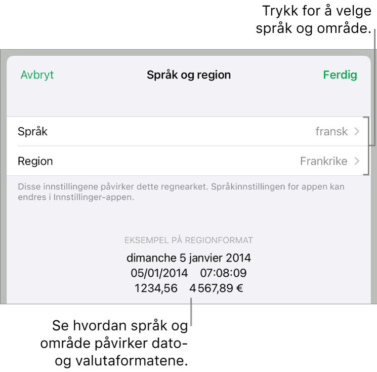 Språk og område-panelet med kontroller for språk og område, og et formateksempel med dato, klokkeslett, desimaler og valuta.