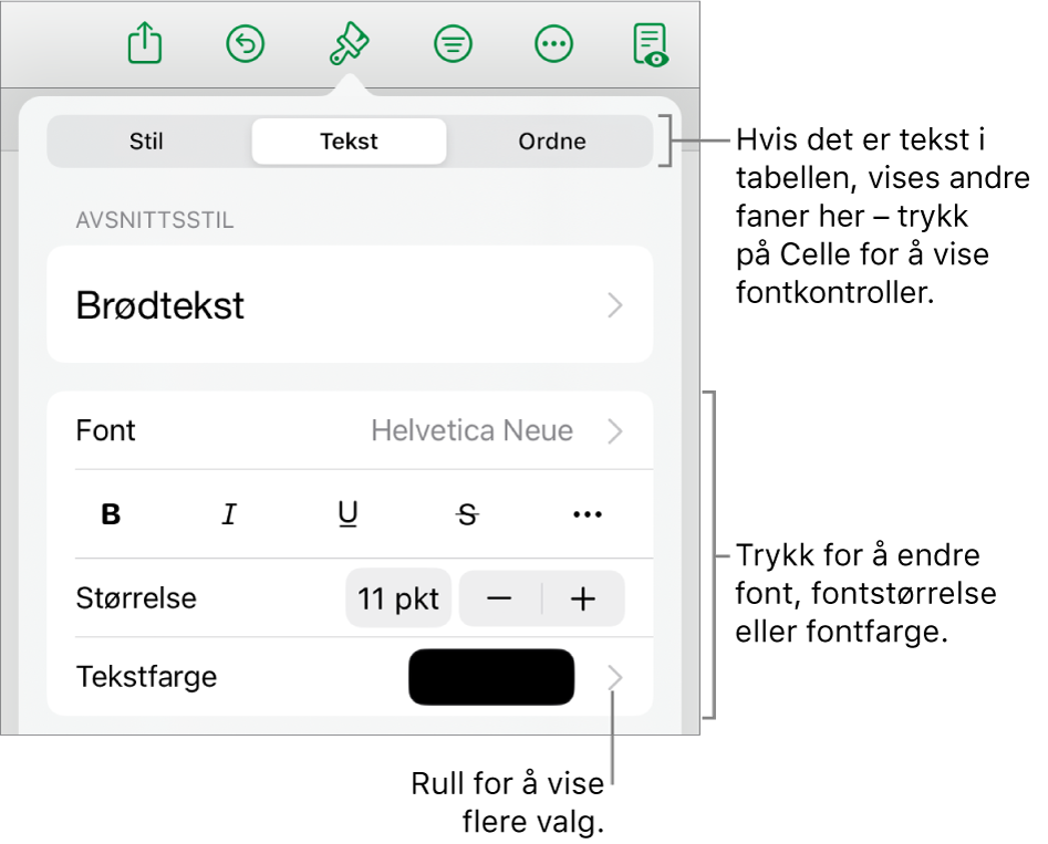 Tekstkontroller i Format-menyen for å angi avsnitts- og tegnstiler, font, størrelse og farge.