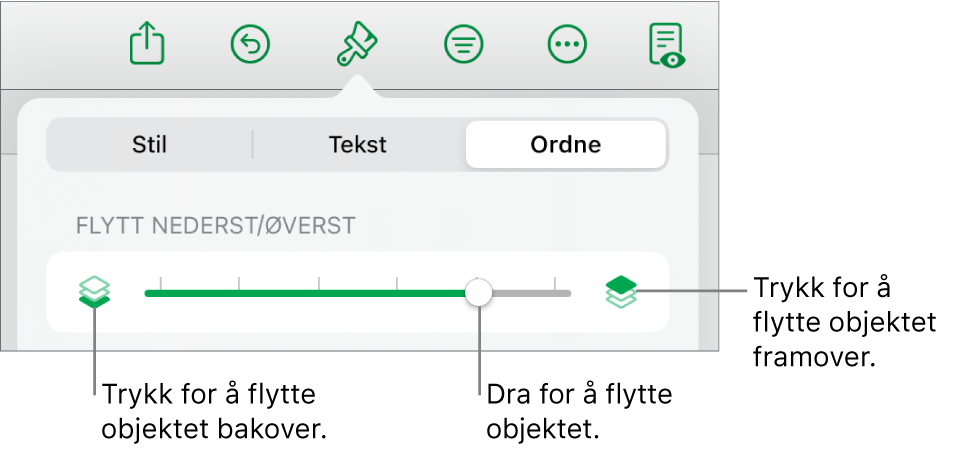 Flytt bakover-knappen, Flytt framover-knappen og skyveknappen for lagdeling.