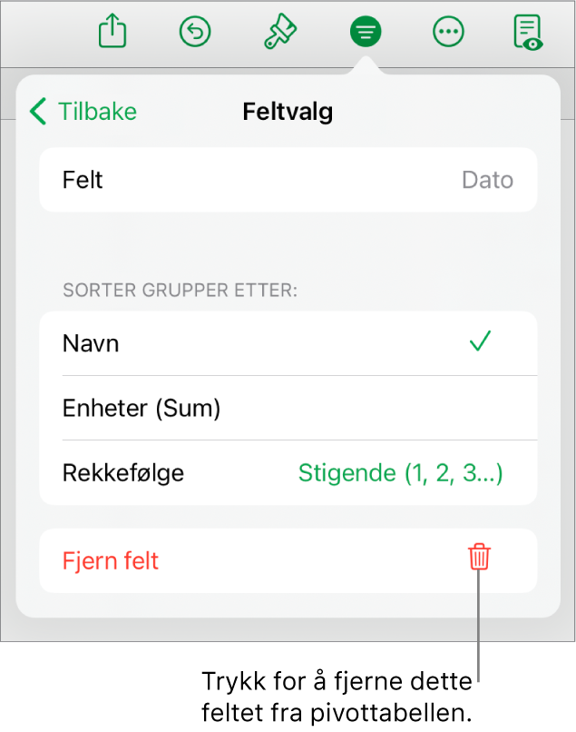 Feltvalg-menyen med kontroller for å gruppere og sortere data samt valget for å fjerne et felt.