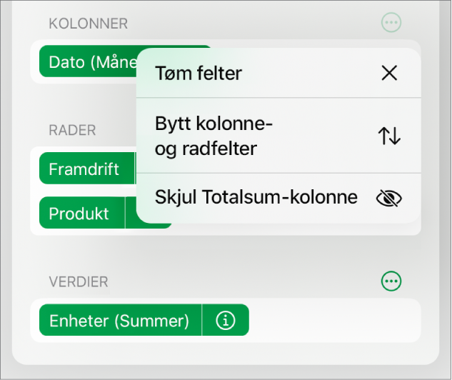 Flere feltvalg-menyen, med kontroller for å skjule totalsummer, bytte kolonne- og radfelter og tømme felter.