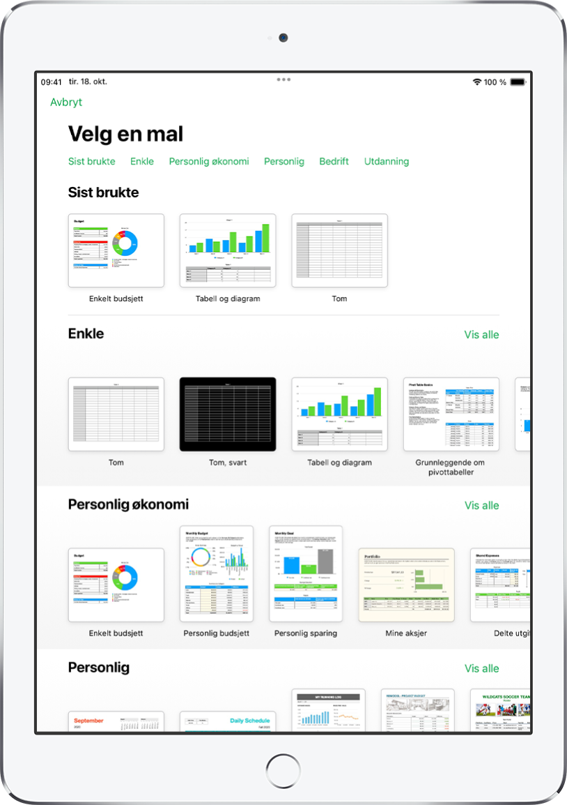 Malvelgeren med en rad med kategorier langs toppen som du kan trykke på for å filtrere alternativene. Nedenfor vises miniatyrbilder av forhåndsdesignede maler arrangert i rader etter kategori, med Sist brukte øverst, etterfulgt av Enkel og Personlig økonomi. En Vis alle-knapp vises over og til høyre for hver kategorirad. Språk og region-knappen er øverst til høyre.