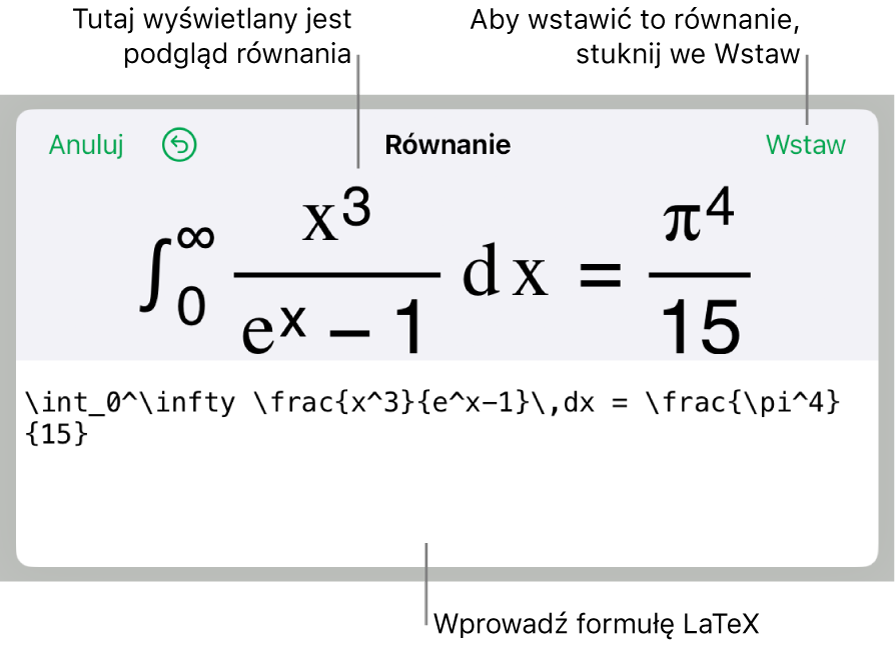 Pole dialogowe Równanie, zawierające równanie zapisane przy użyciu języka LaTeX. Powyżej widoczny jest podgląd tego równania.