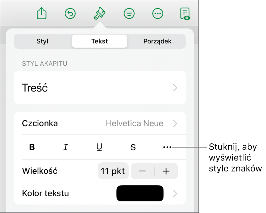 Narzędzia formatowania. Na samej górze widoczne są style akapitu, a poniżej znajdują się narzędzia czcionki. Pod narzędziami czcionki widoczne są przyciski Pogrubienie, Kursywa, Podkreślenie, Przekreślenie oraz Więcej opcji tekstu.