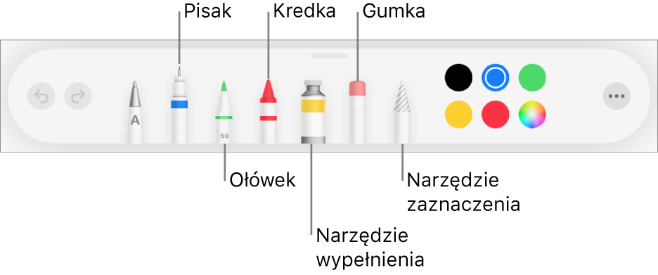 Pasek narzędzi rysowania: pisak, ołówek, kredka, wypełnianie, gumka i zaznaczanie. Oprócz nich widoczna jest także paleta kolorów, zawierająca bieżący kolor. Po prawej stronie znajduje się przycisk Więcej.