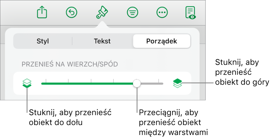 Przycisk przenoszenia niżej, przycisk przenoszenia wyżej i suwak warstw.