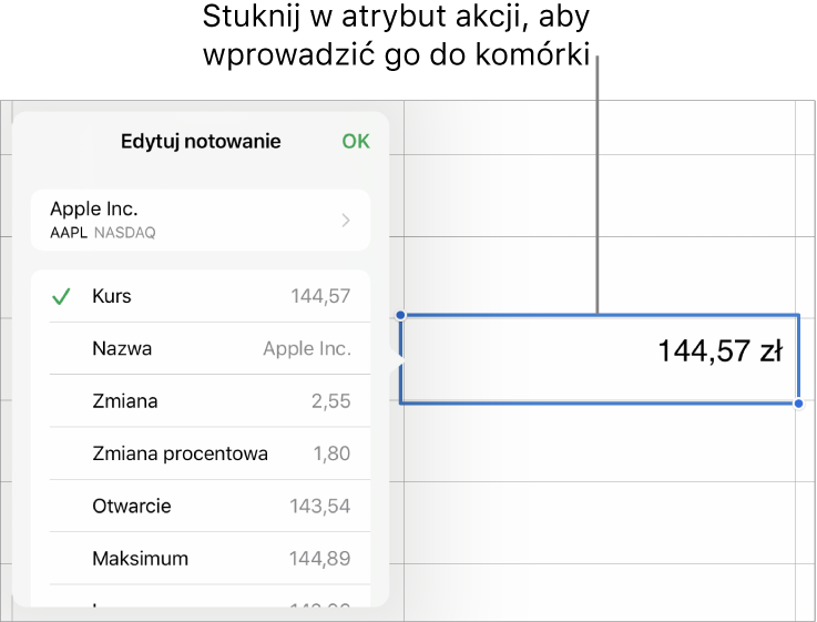 Okno nałożone Wstaw notowanie giełdowe. Na górze widoczna jest nazwa akcji, natomiast niżej znajdują się atrybuty, które można zaznaczyć, takie jak kurs, nazwa, zmiana, zmiana procentowa, otwarcie oraz kurs najwyższy.