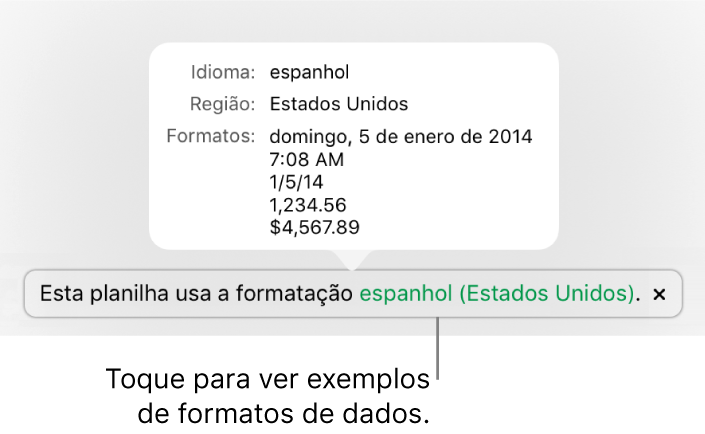 A notificação da configuração diferente de idioma e região, com exemplos de formatação no idioma e região diferentes.