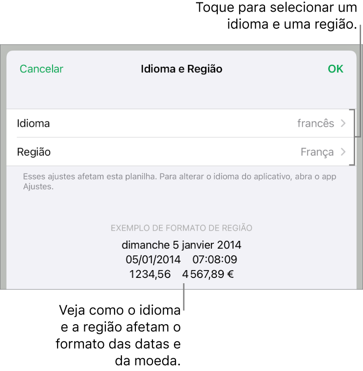 Painel de Idioma e Região com controles para idioma e região e um exemplo de formatação, incluindo data, hora, decimal e moeda.