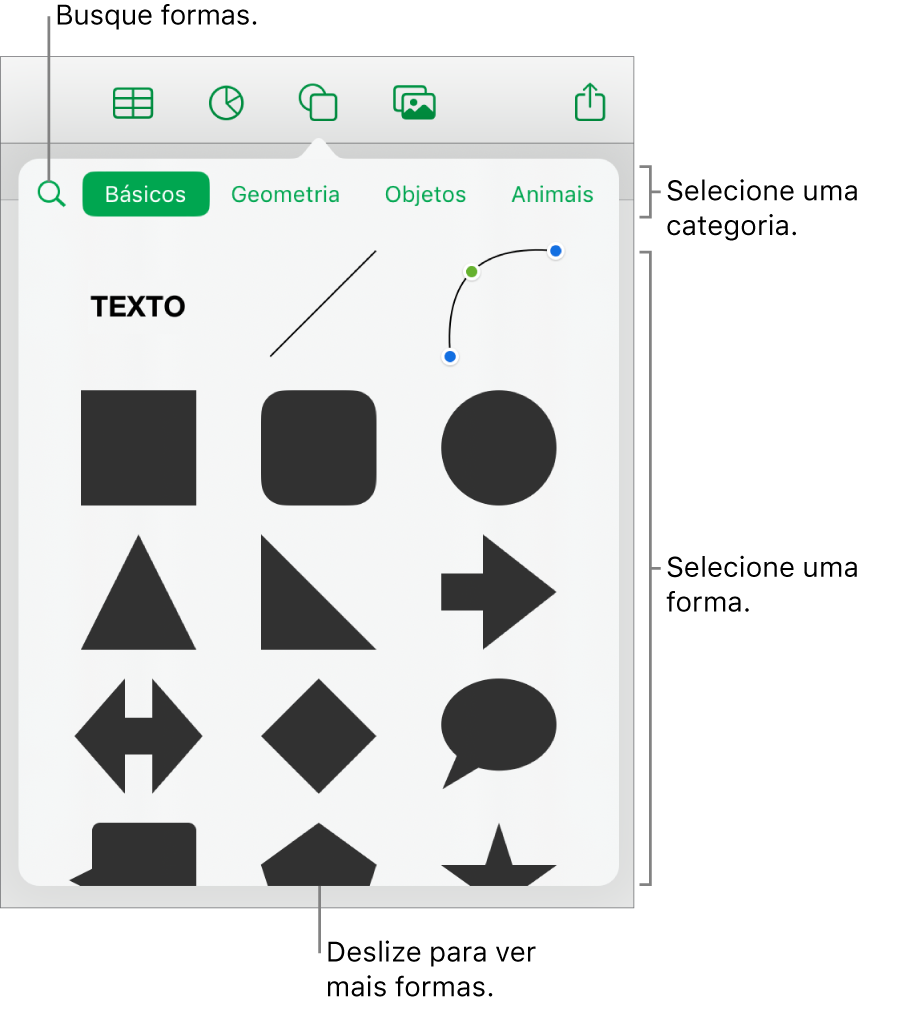 A biblioteca de formas, com categorias na parte superior e formas exibidas abaixo. Você pode utilizar o campo de pesquisa na parte superior e deslizar para ver mais.