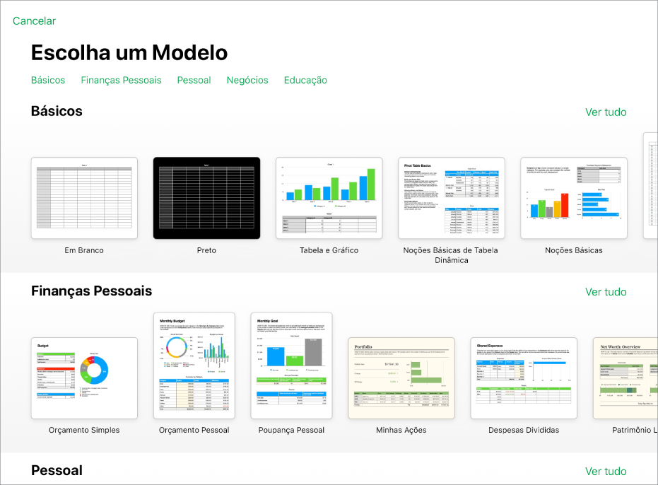 Seletor de modelos, mostrando uma linha de categorias na parte superior na qual você pode tocar para filtrar as opções. Abaixo estão miniaturas de modelos predefinidos organizados em linhas por categoria.