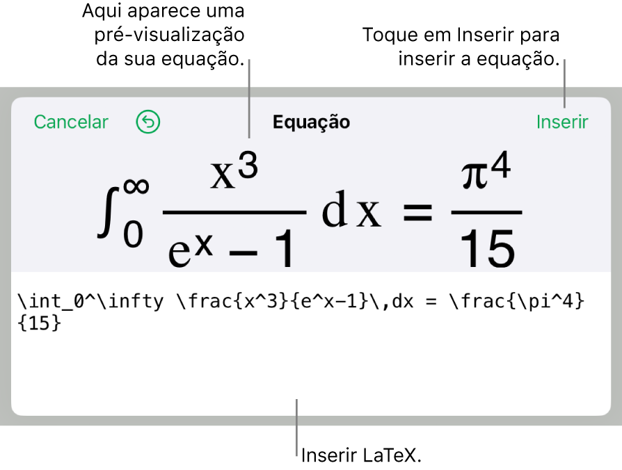 O diálogo de Equação, mostrando uma equação escrita com comandos LaTex e uma pré-visualização da fórmula acima.