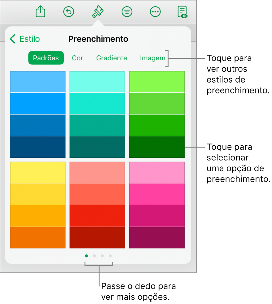 Opções de preenchimento na aba Estilo do botão Formatar.