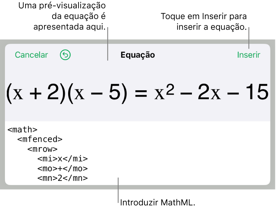 A caixa de diálogo “Equação”, apresentando uma equação escrita com recurso aos comandos MathML e uma pré-visualização da fórmula em cima.