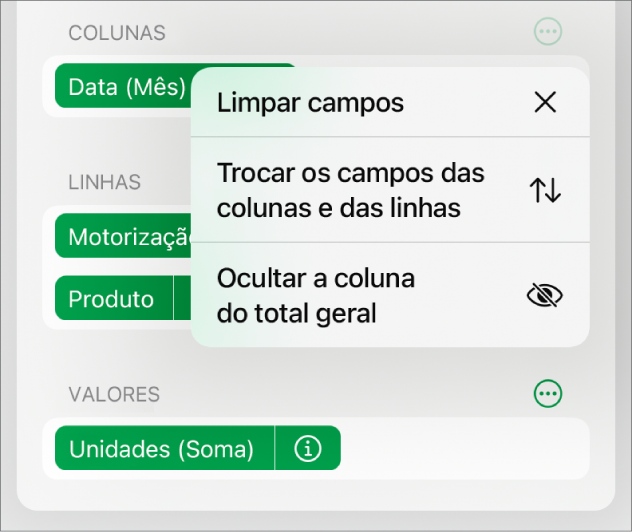 O menu Mais opções do campo, a mostrar os controlos que permitem ocultar os totais gerais, trocar os campos das colunas e das linhas e limpar campos.