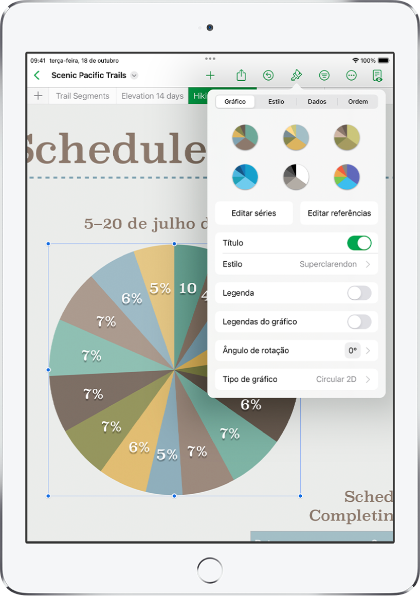 Um gráfico circular com percentagens dos trilhos concluídos. O menu Formatação também está aberto, mostrando diferentes estilos de gráfico à escolha, assim como opções para editar as séries ou referências do gráfico, ativar ou desativar o título ou a rubrica do gráfico, ajustar o ângulo de rotação do gráfico e alterar o tipo de gráfico.