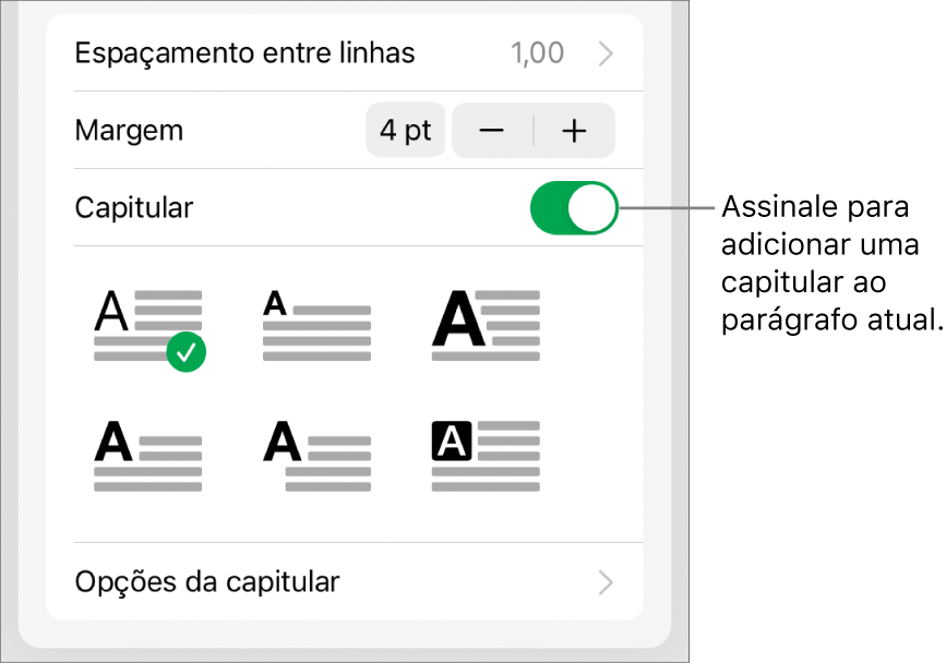 Os controlos de capitular localizados na parte inferior do menu Texto.