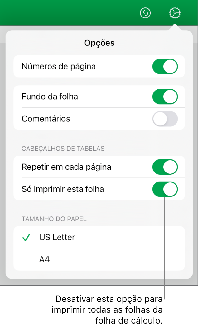 Painel de pré-visualização de impressão, com os controlos para mostrar os números de página, o mesmo cabeçalho em cada página, alterar o tamanho do papel e a opção para imprimir todas as folhas da folha de cálculo ou apenas a folha atual.