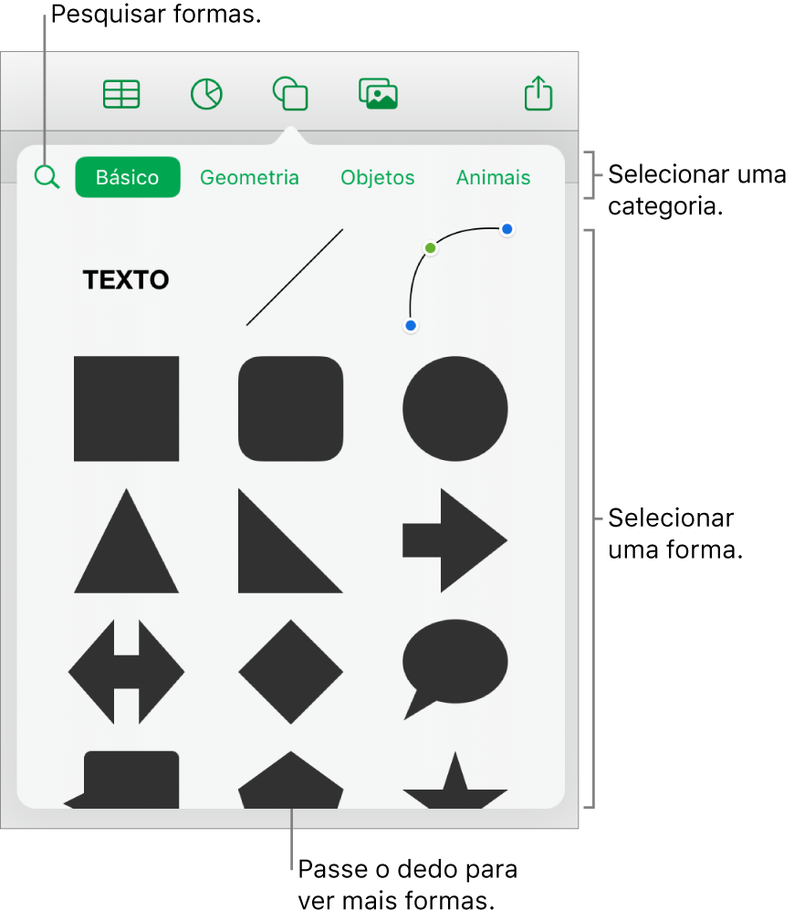 A biblioteca de formas, com as categorias exibidas na parte superior e as formas na parte inferior. É possível usar o campo de pesquisa na parte superior para encontrar formas e passar os dedos para ver mais.