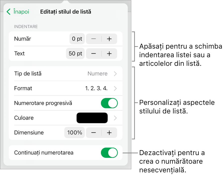 Meniul Editați stilul de listă, cu comenzile pentru spațierea indentărilor, tipurile și formatele de liste, numerotare progresivă, culori și dimensiuni de liste și numerotarea continuă.