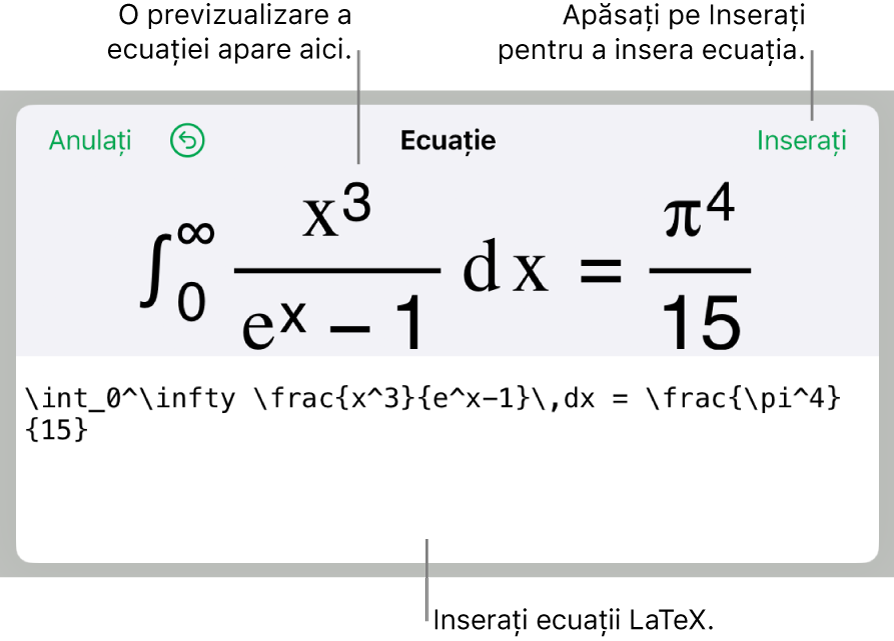 Caseta de dialog Ecuație, afișând o ecuație scrisă cu ajutorul comenzilor LaTex și, deasupra, o previzualizare a formulei.
