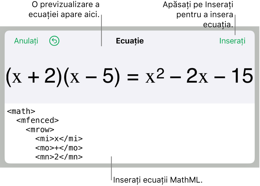 Caseta de dialog Ecuație, afișând o ecuație scrisă cu ajutorul comenzilor MathML și, deasupra, o previzualizare a formulei.