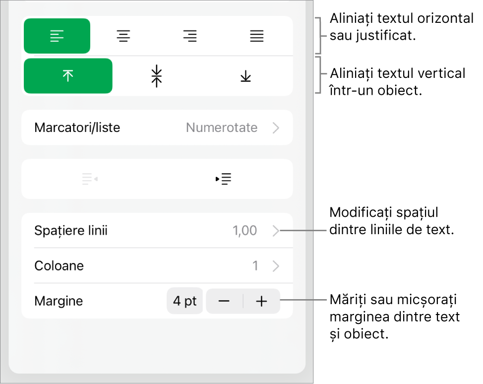 Secțiunea Aranjament a inspectorului Format cu explicații pentru butoanele de aliniere a textului și de spațiere.