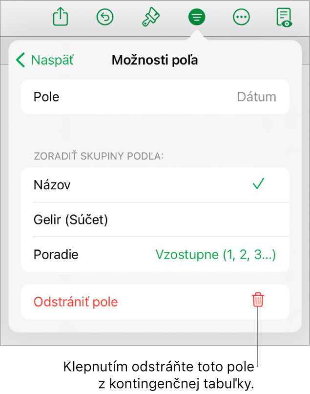 Menu Možnosti poľa zobrazujúce ovládacie prvky na zoskupenie a zoradenie dát, ako aj možnosť na odstránenie poľa.