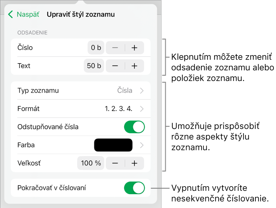 Menu Upraviť štýl zoznamu s ovládacími prvkami pre odsadenie, typ a formát zoznamu, odstupňované čísla, farbu a veľkosť zoznamu a nadväzujúce číslovanie.