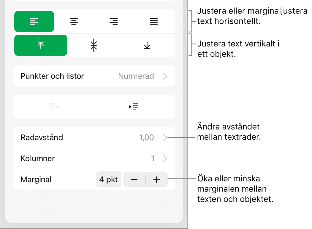Layoutavsnittet i formatgranskaren med pilar som pekar på knapparna för textjustering och mellanrum.