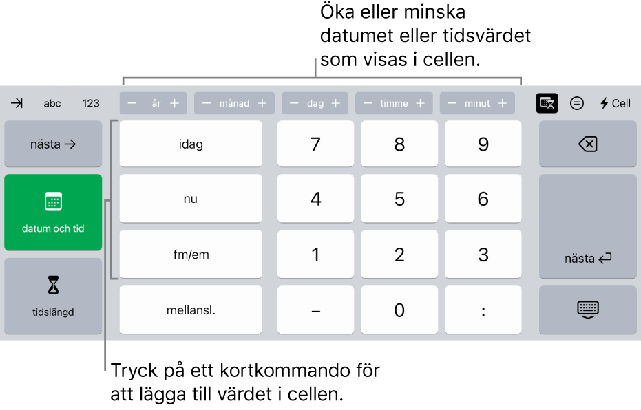 Tangentbordet för datum och tid. Knapparna överst visar tidsenheter (månad, dag, år och timme) och du kan använda dem till att stegvis öka eller minska det värde som visas i cellen. Det finns tangenter till vänster för att växla mellan tangentborden för datum, tid och tidslängd samt siffertangenter i mitten av tangentbordet.