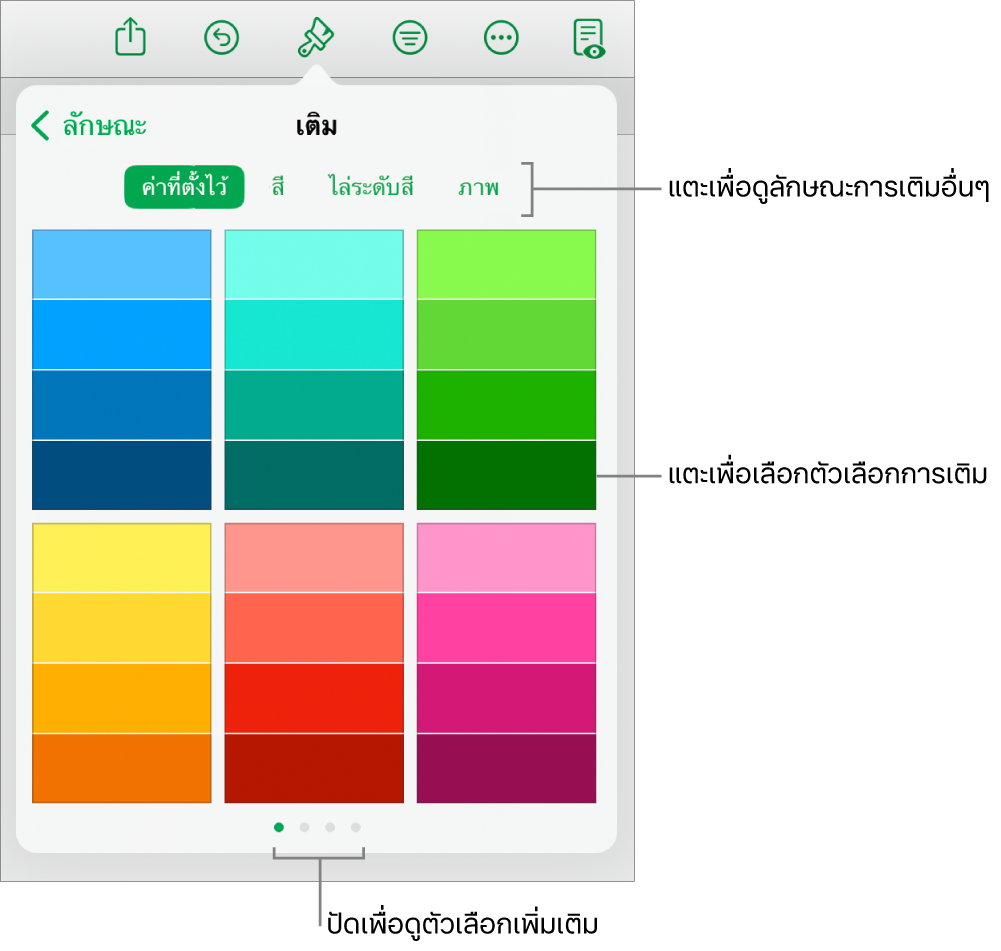 ตัวเลือกการเติมในแถบลักษณะของปุ่มรูปแบบ