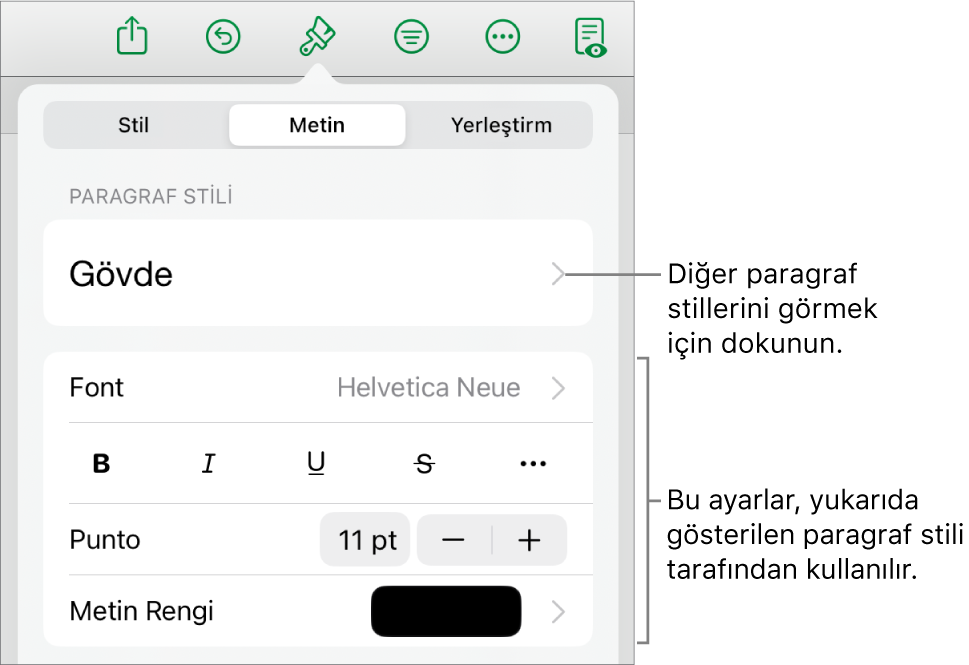 Paragraf ve karakter stillerini, fontu, puntoyu ve rengi ayarlamayla ilgili metin denetimlerini gösteren Biçim menüsü.