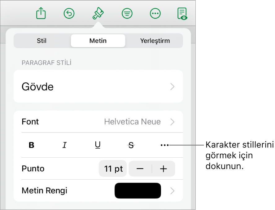 En üstteki paragraf stilleri ile Biçim denetimleri, ardından Font denetimleri. Font’un altında Kalın, İtalik, Altı Çizgili, Üstü Çizgili ve Daha Fazla Metin Seçeneği düğmeleri bulunur.