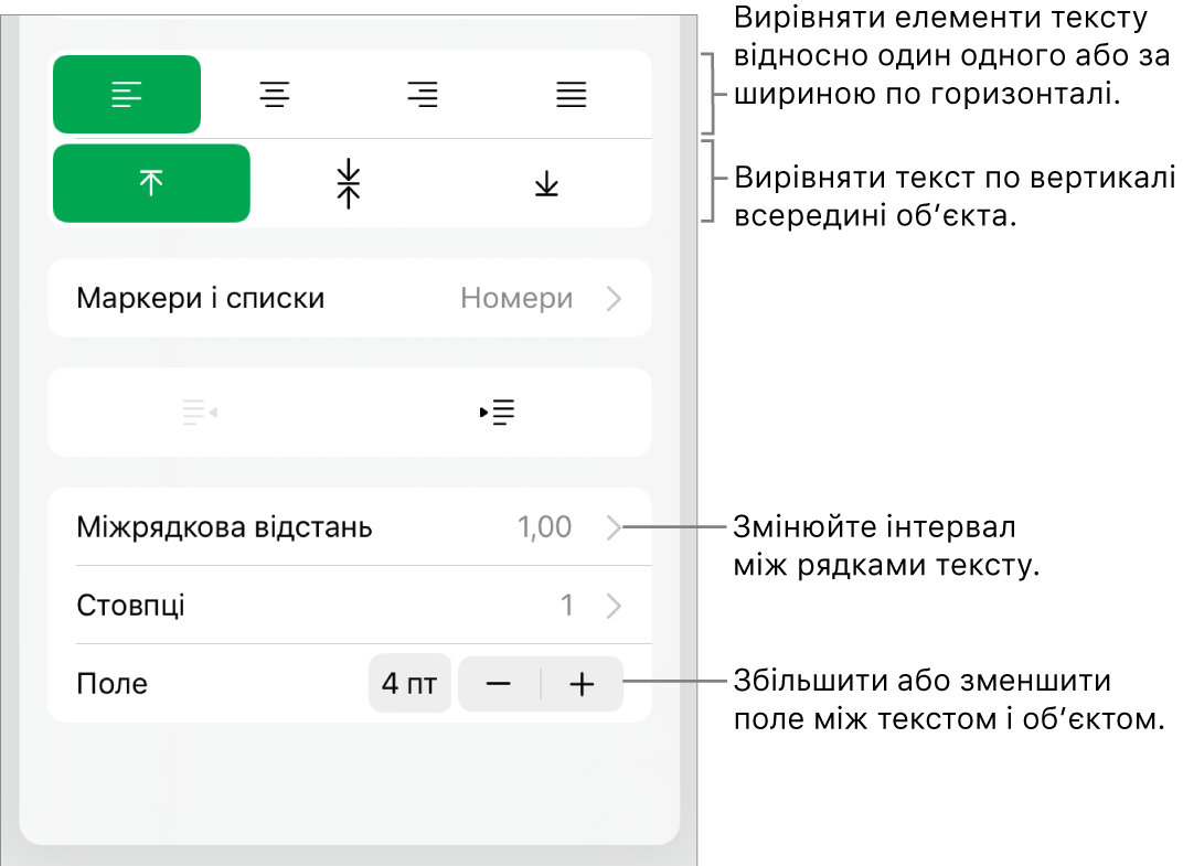 Розділ «Макет» в інспекторі форматування з виносками на кнопки вирівнювання та визначення інтервалів.